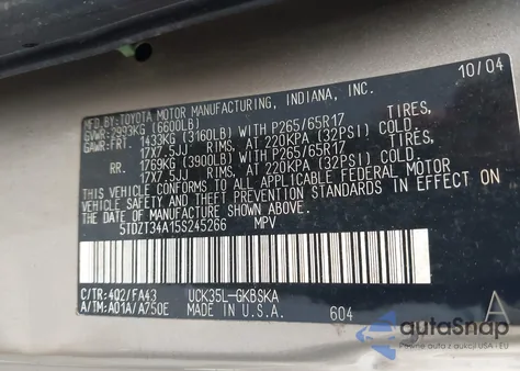 2005 Toyota Sequoia Sr5 V8 из США, поврежденный, VIN 5TDZT34A15S245266